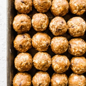 Vegan protein balls on a baking tray.