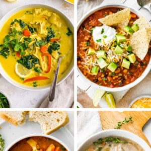 Collage of four soup photos: detox soup, taco soup, vegetable soup and chicken wild rice soup.