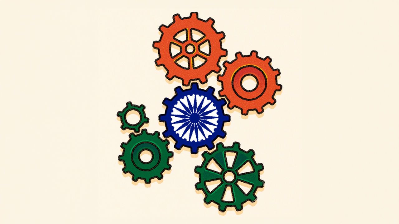 An illustration of cogs in the colours of the Indian flag and central cog has spokes like the wheel of the flag.