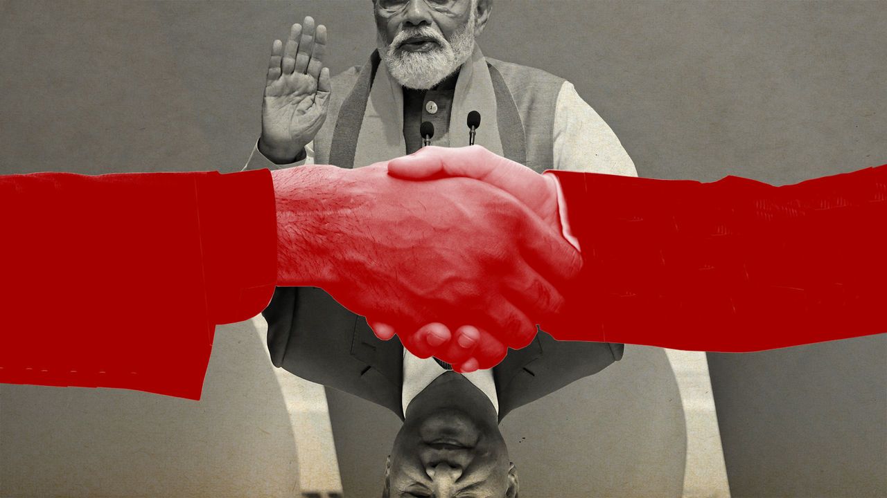 Photomontage of Narendra Modi and Xi Jinping. Modi is at the top and Xi is at the bottom flipped upside down. Across the middle is a pair of hands in a handshake.