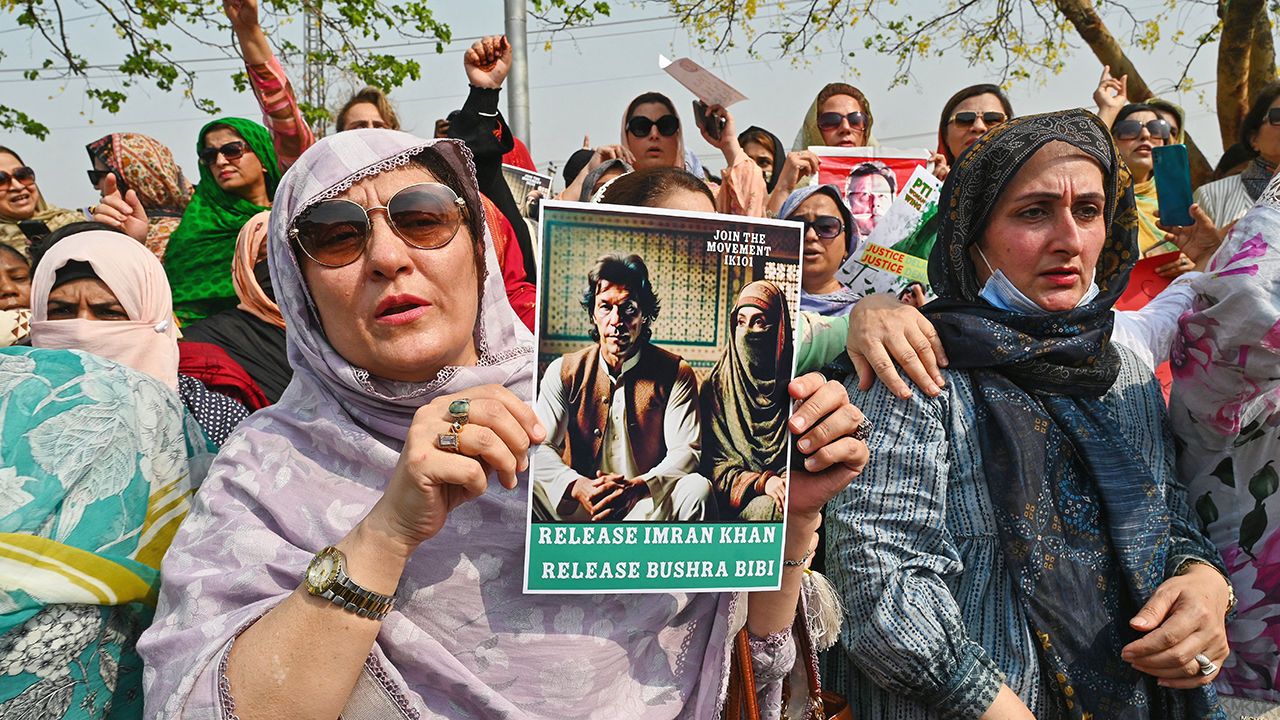 Pakistan's former prime minister Imran Khan's supporters protest outside the court in Islamabad demanding his release from prison