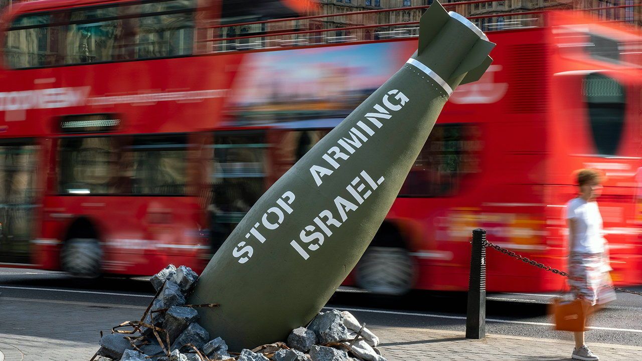 A 16-foot replica of a Mark 84 2,000-pound bomb at Old Palace Yard, opposite the Houses of Parliament.