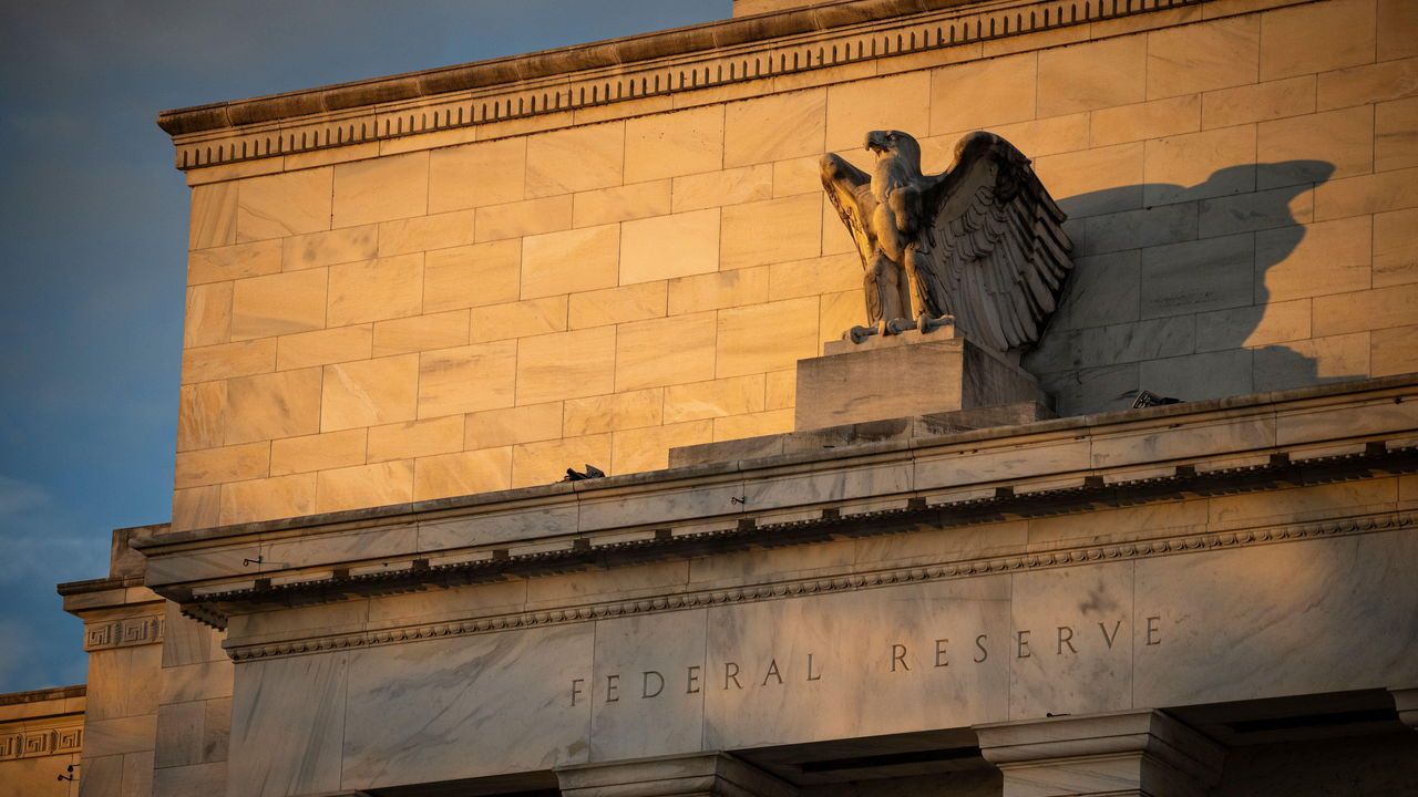 A general view of the U.S. Federal Reserve Marriner S. Eccles building, in Washington, DC, USA - with a warm sunlight casting shadows.