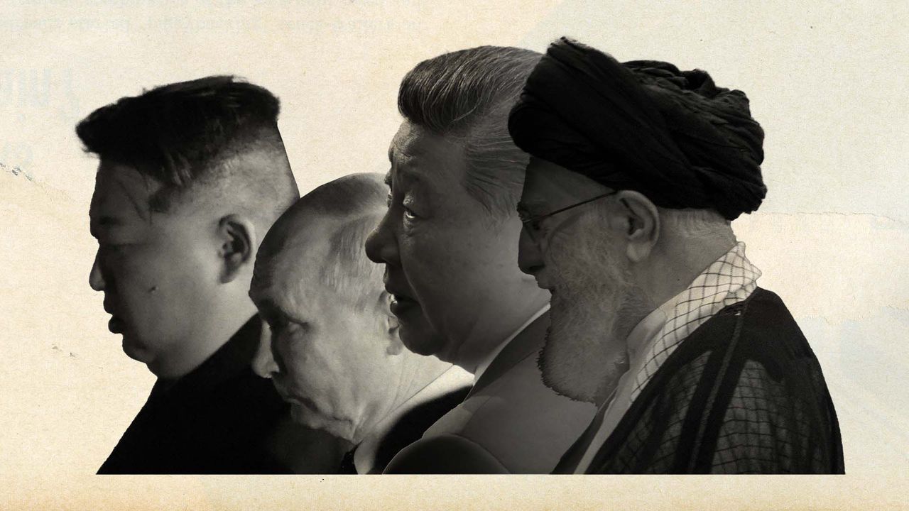 Photo illustration of from left, Kim jong Un, Vladimir Putin, Xi Jinping and Ali Khomenei, all in profile overlapping and facing left