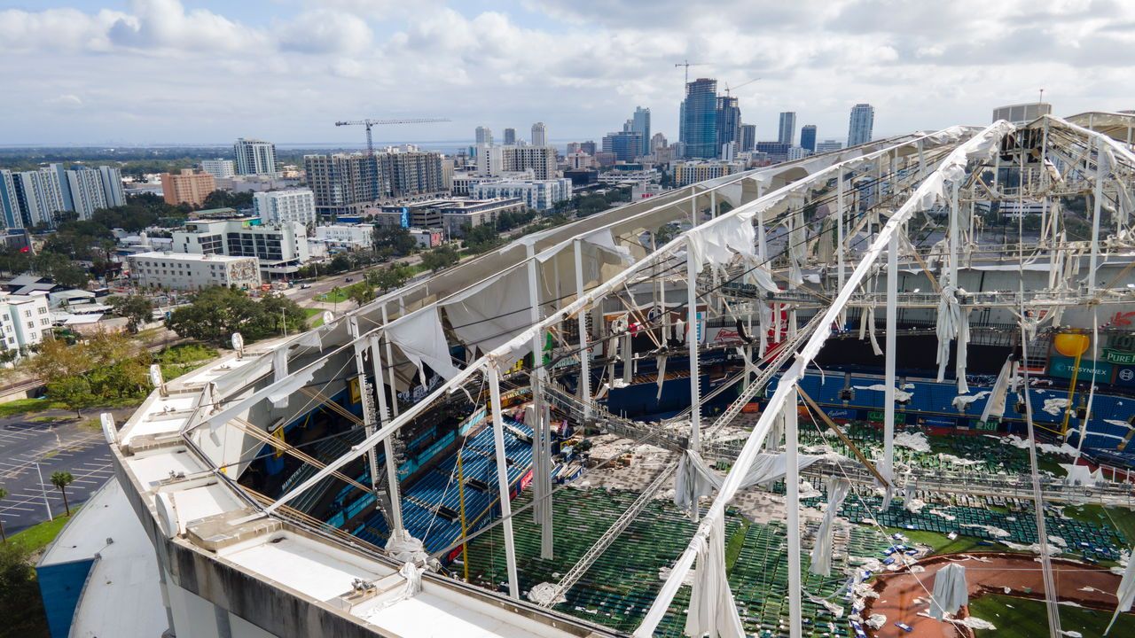 The damaged roof of the Tropicana Field the morning after Hurricane Milton hit.