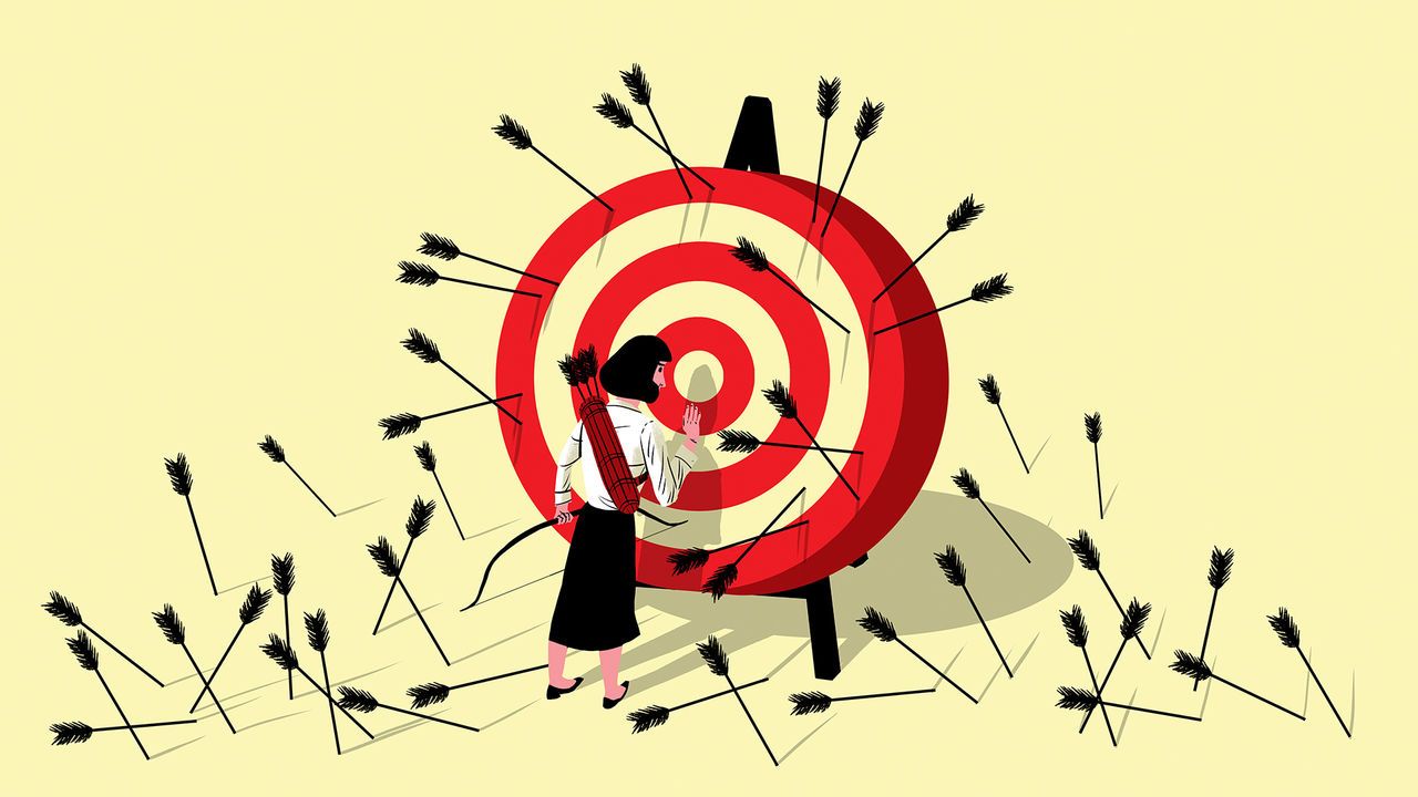 Illustration of a woman in business attire with a bow and arrow at a target that has many arrows in and around it but none in the centre