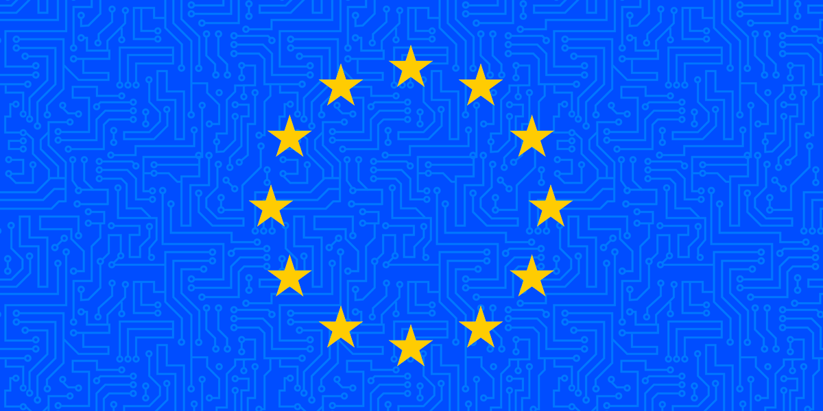 European Union flag with circuitry in the background