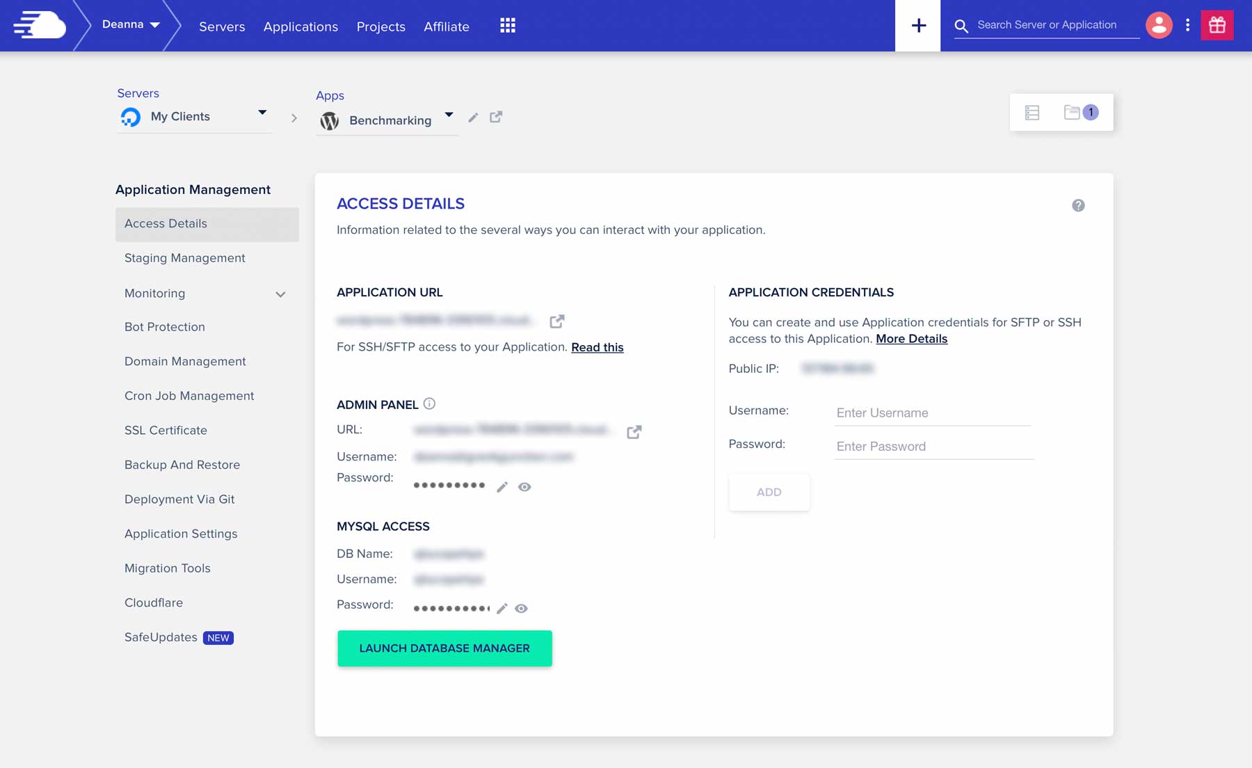 Cloudways dashboard