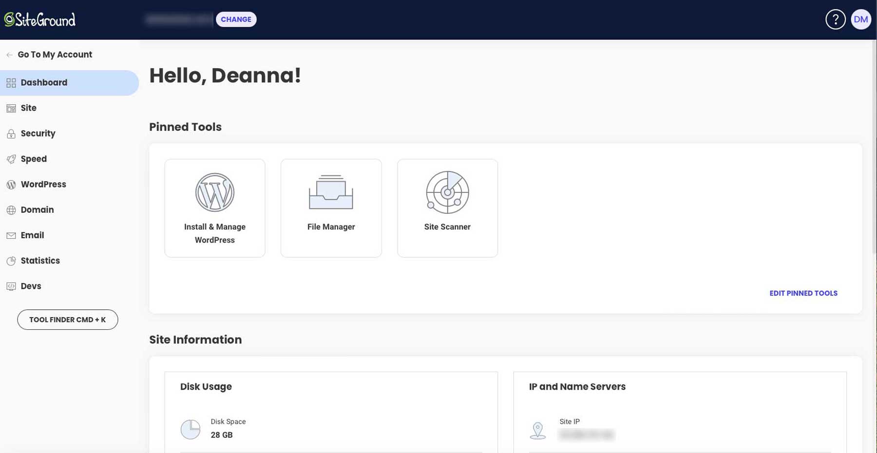 SiteGround dashboard