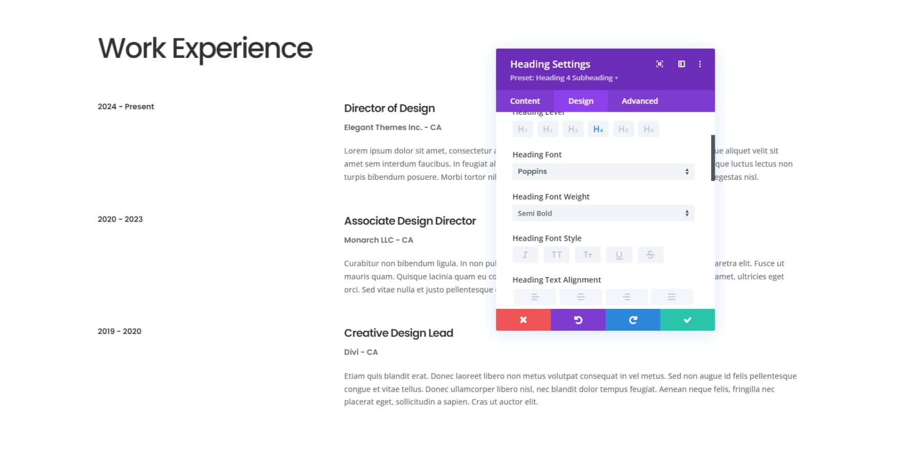 A screenshot of Divi's CUSTOMIZATION options