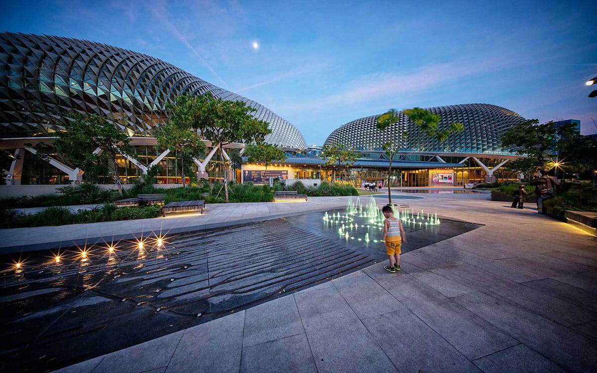 Image of Esplanade’s Forecourt Garden in the evening.