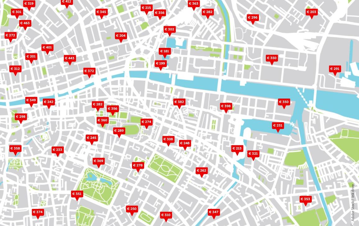 Mapa com diferentes alfinetes vermelhos a indicar locais de arrendamento de curta duração