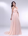 Chiffon Dress With Floral Detail And One Shoulder, Peach Bridesmaid Dress