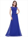 Lace Embellished Cap Sleeve Ruched Chiffon Prom Dress Long