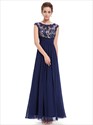 Sheer Floral Applique Top Ruched Chiffon Prom Dress Long