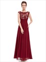 Sheer Floral Applique Top Ruched Chiffon Prom Dress Long