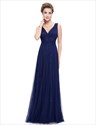 V Neck Sleeveless Lace Ruched Bodice Tulle Evening Dress 