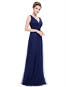 V Neck Sleeveless Lace Ruched Bodice Tulle Evening Dress 