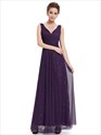 V Neck Sleeveless Lace Ruched Bodice Tulle Evening Dress 