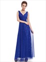 V Neck Sleeveless Lace Ruched Bodice Tulle Evening Dress 