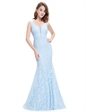 Sheer Top Sleeveless V Neck Lace Mermaid Evening Dress 