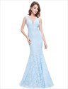 Sheer Top Sleeveless V Neck Lace Mermaid Evening Dress 