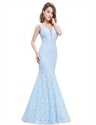 Sheer Top Sleeveless V Neck Lace Mermaid Evening Dress 