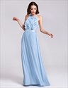 A-Line Halter Neck Chiffon Open Back Long Maxi Dress With Ruffles