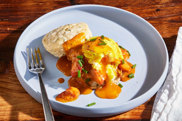 Turmeric-Poached Eggs with Chive Biscuits and Lobster Gravy