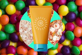 Sunscreen, frozen pizzas, and fruit flavored candy in a photo composite. 