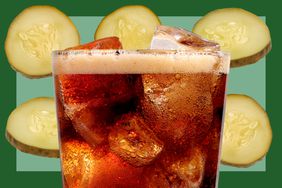 Pickles and a cold soda in a photo composite. 