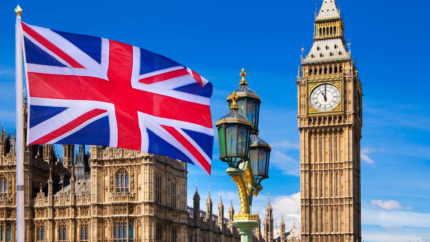 British flag, Big Ben, Houses of Parliament and British flag composition