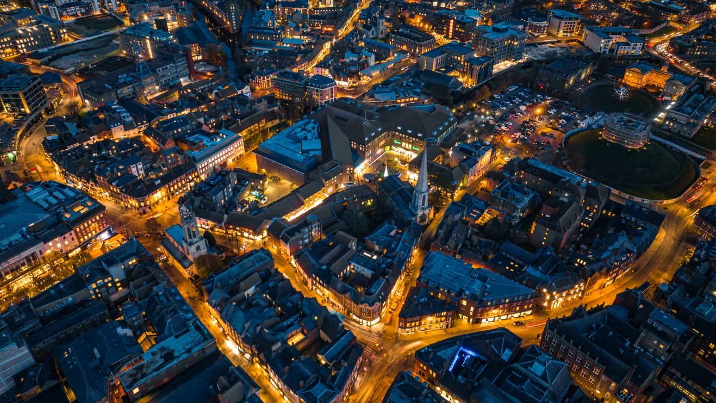 Aerial view of York downtown at night