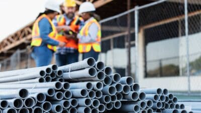 Three construction workers discuss plans in the background behind a stack of metal pipes.