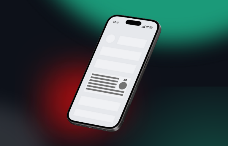 Mockup of an iPhone showing a app with an ad on a dark background with green and red elements.