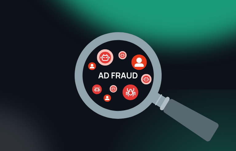 Dark background with green visual elements. In the centre is a magnifying glass in which you can see the words ‘Ad Fraud’, as well as bots and fraudsters.