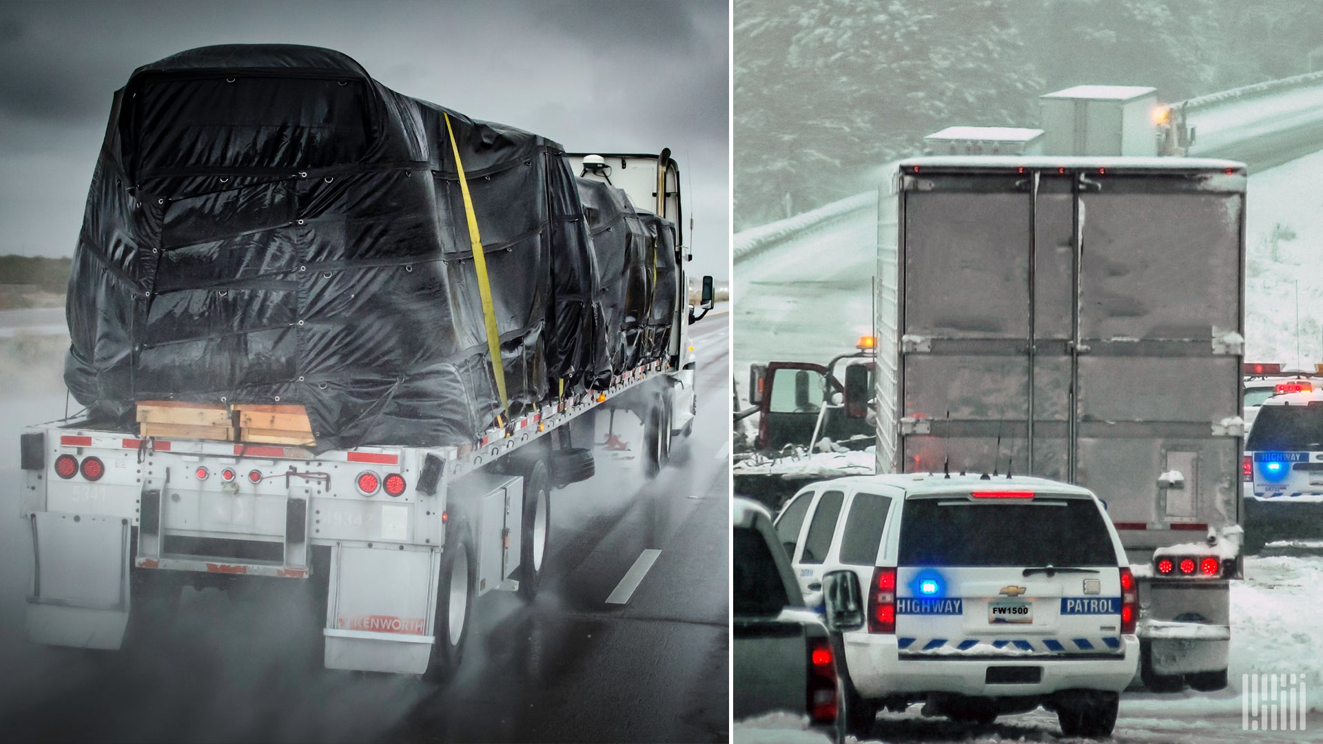 Tractor-trailers in rain and snow.