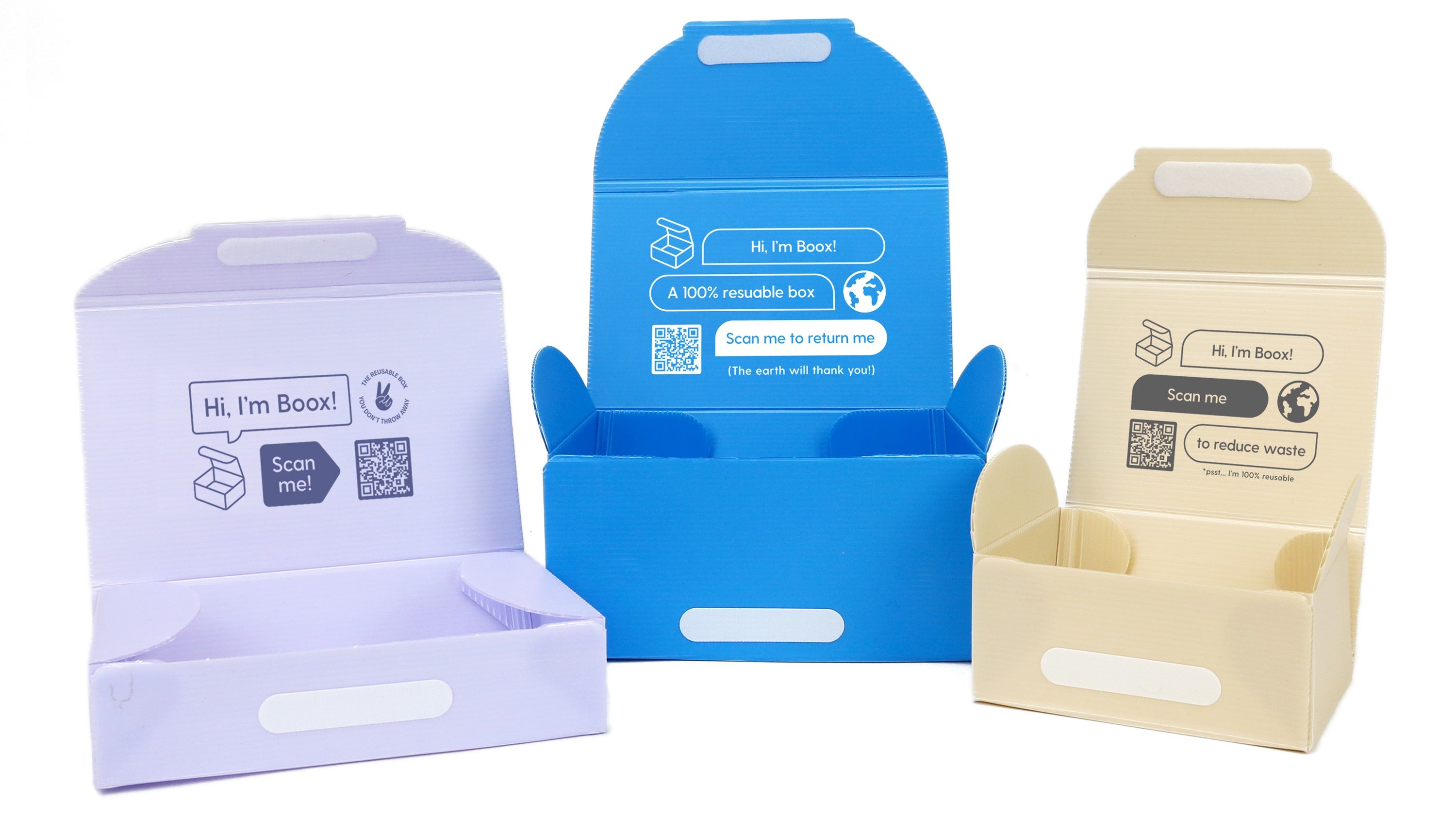 Purple, blue, and tan reusable shipping Boox boxes are staged with a white background.