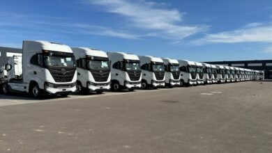 Line of Nikola trucks at Coolidge, Arizona plant in March 2023