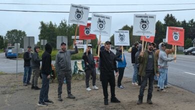 Image shows picketing CN union employees at Triage Garneau, Quebec.