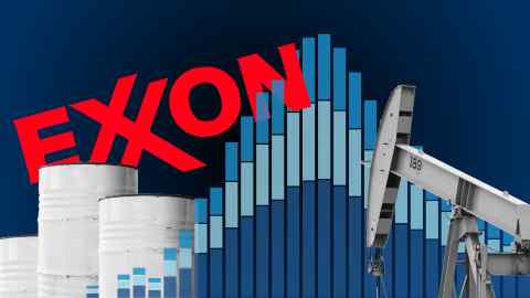 Montage image of Exxon’s logo, barrels of oil, production equipment and bar charts