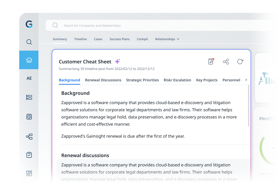 Screenshot showing Gainsight's AI-generated customer cheat sheet, giving summaries of the renewal discussions, strategic priorities, risks, and key projects.