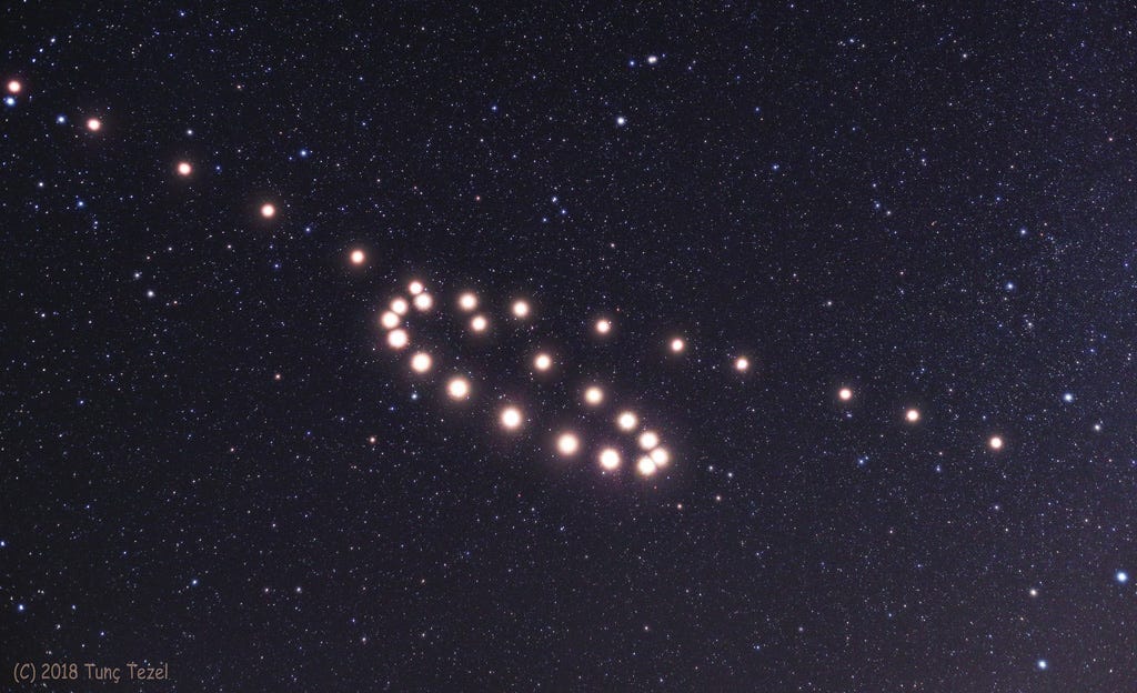 This composite of images spaced five to nine days apart, from late April (bottom right) through Nov. 5 (top left) in 2018, traces the retrograde motion of ruddy-colored Mars through Earth's night sky.