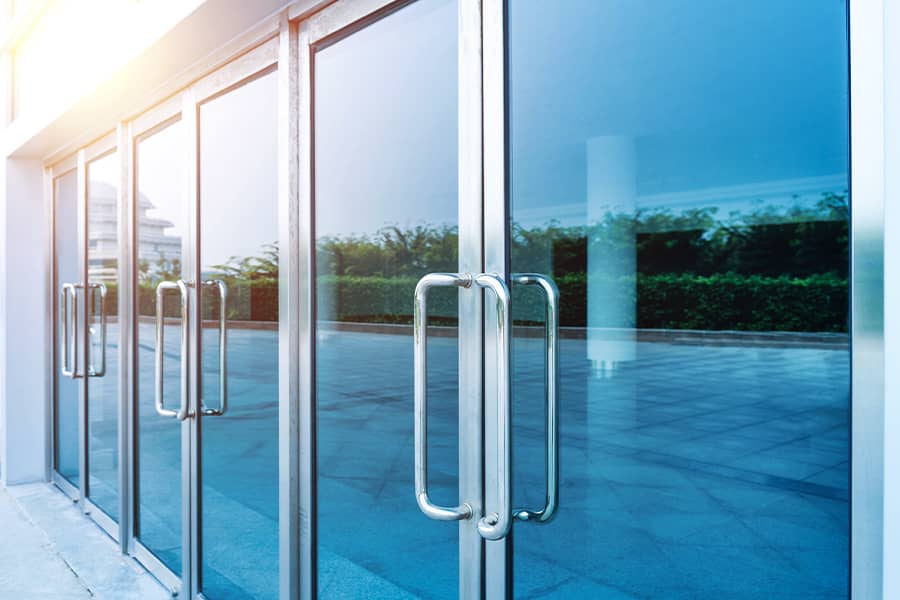 Glass doors of modern office building