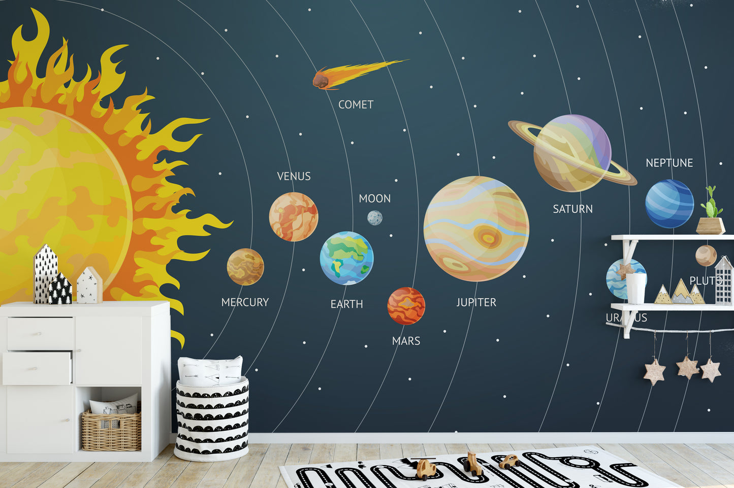 Cartoon planets solar system wallpaper mural