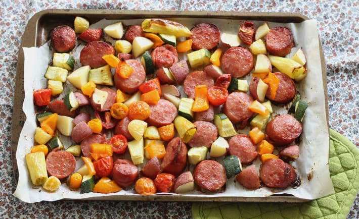 smoked sausage sheet pan meal