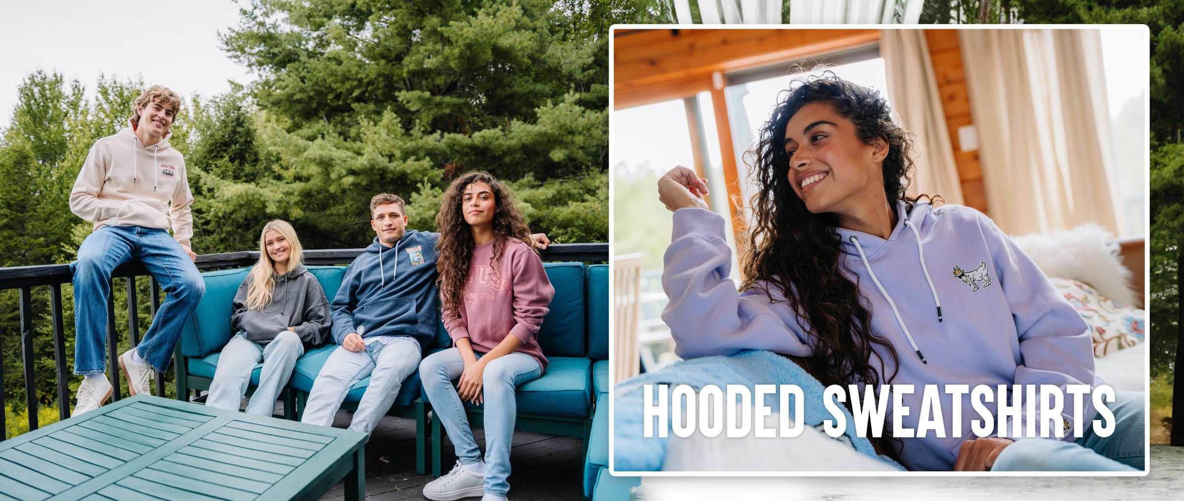 Split image of group sitting on outdoor patio and woman sitting on a couch