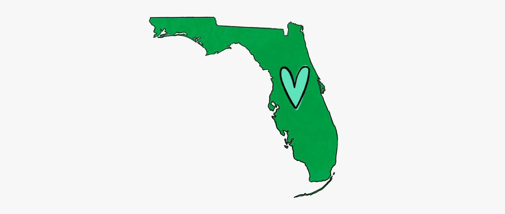 state outline of Florida with a heart over hurricane Milton