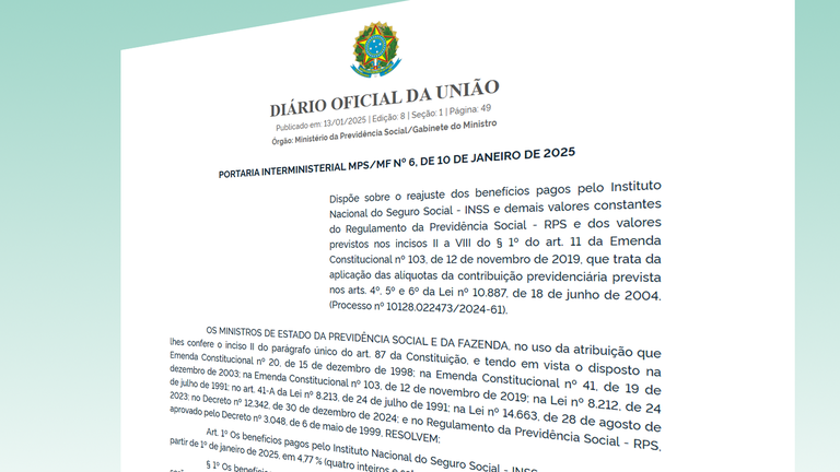 Portaria Interministerial MPS/MF nº 6, de 10 de janeiro de 2025, reajustou salários de contribuição, além de benefícios e demais valores da Previdência, dentre eles o salário-família. Empregadores já podem transmitir folhas de pagamento de janeiro/2025.