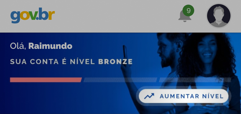 Cabeçalho do app gov.br com indicação do botão de aumentar nível no canto inferior esquerdo